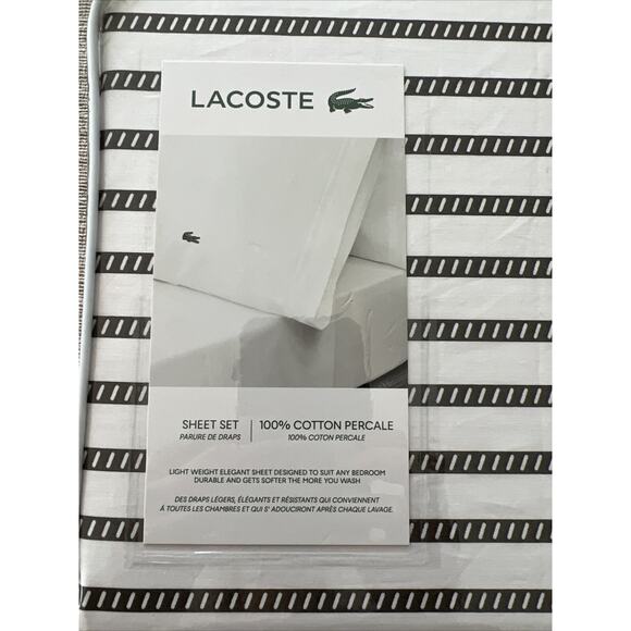 Lacoste Graphic Stripe Gray White 4pc QUEEN Sheet Set 109% Cotton Dark Grey Logo - Picture 2 of 6